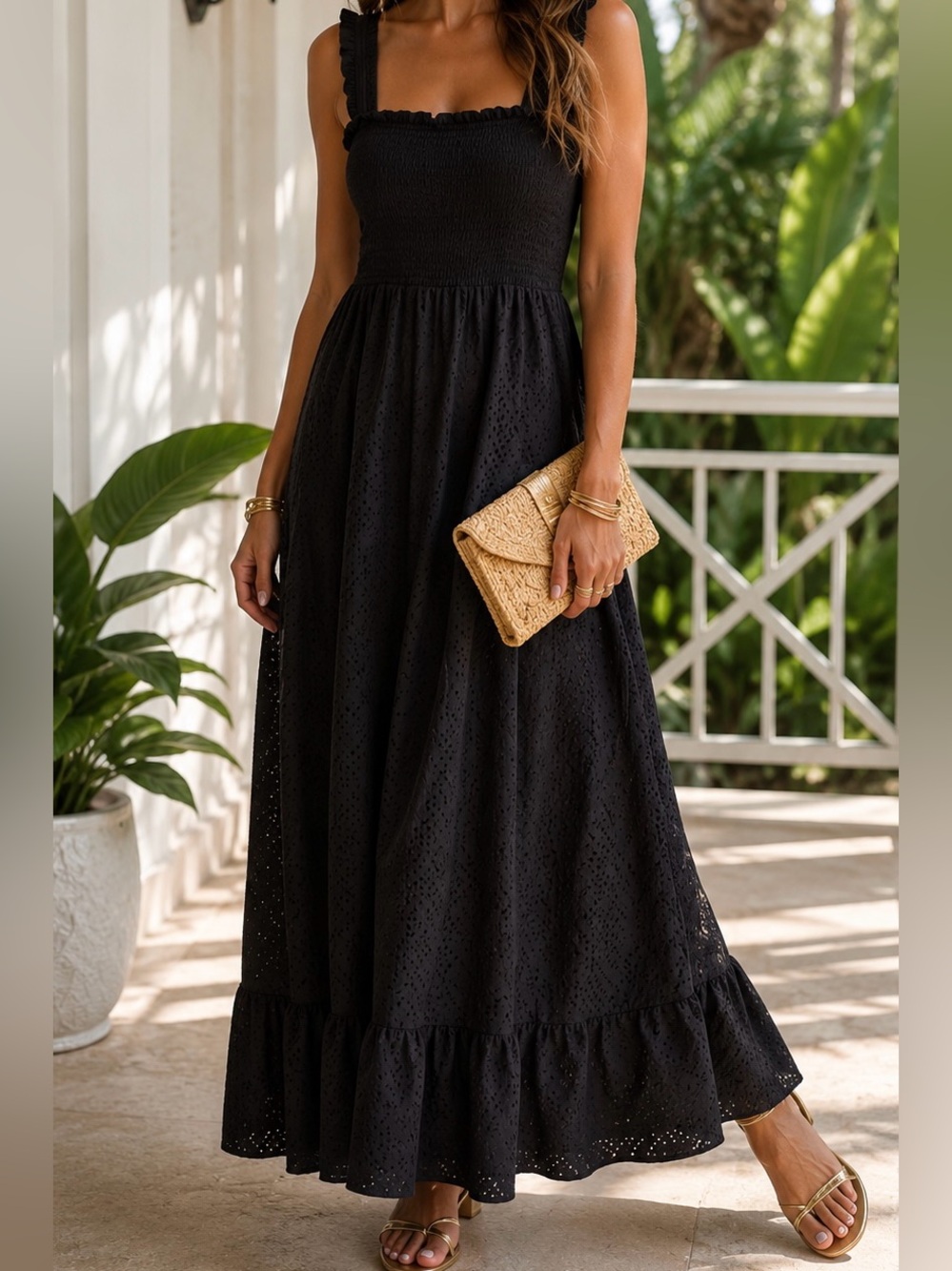 MICHAEL KORS Black Eyelet Smocked Maxi Dress | Romantic Resort Style 🖤✨ size L